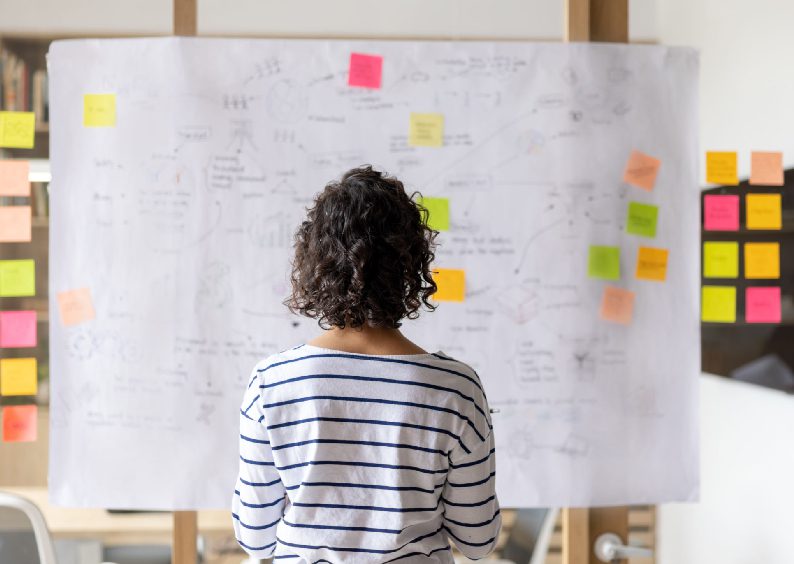 Person analyzing notes on whiteboard